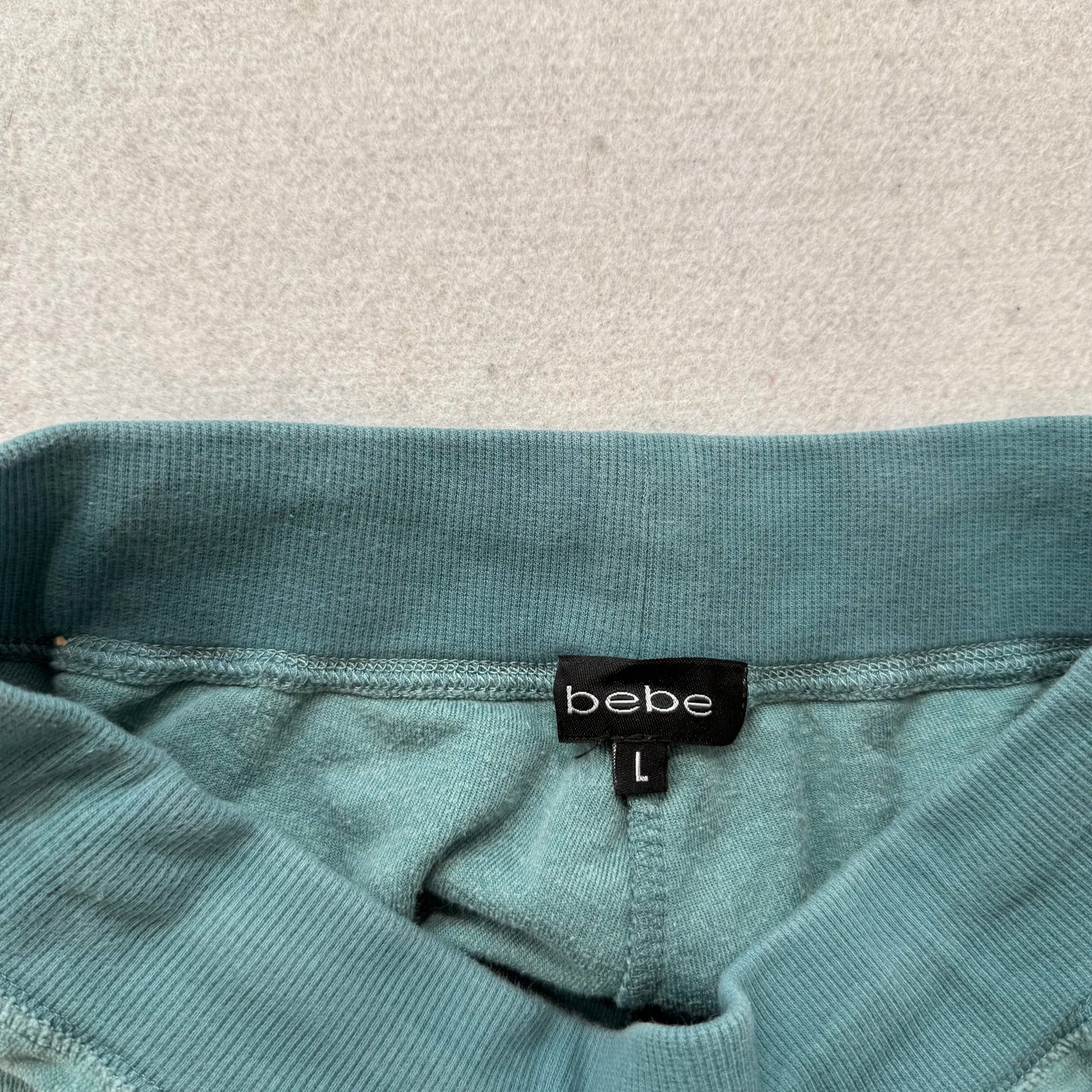 Bebe Women's Slate Green Velour Flared Track Pants Casual Rhinestone Logo Size L