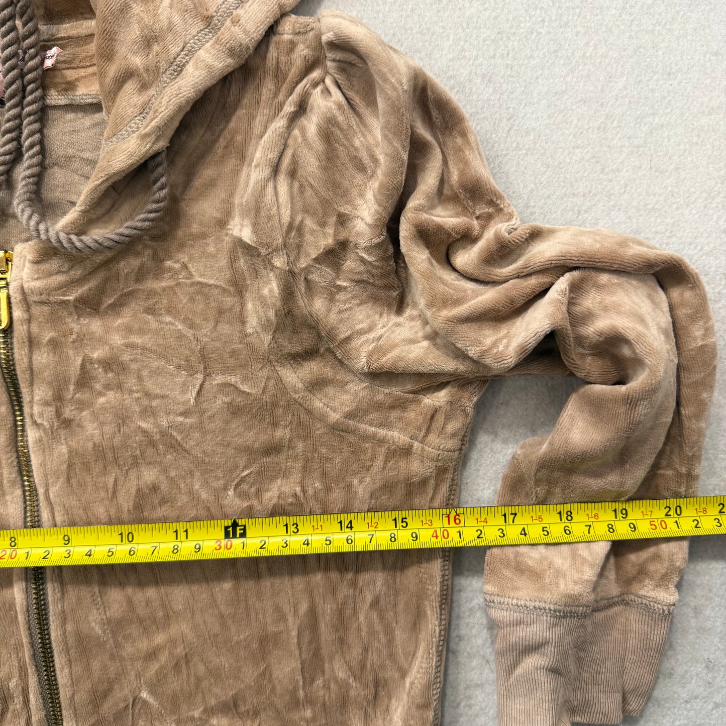 Juicy Couture Women's Camel Full Zip Hoodie Patch Pockets Rope Drawstring Size M