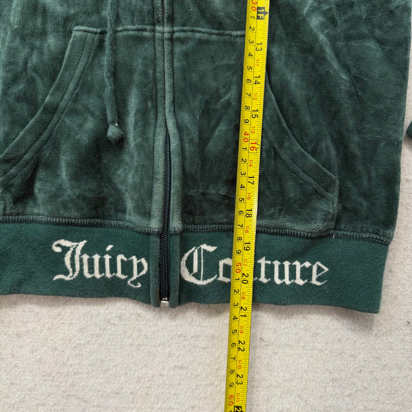 Juicy Couture Womens Dark Green Velour Zip-Up Hoodie Black Label Pockets Size XS