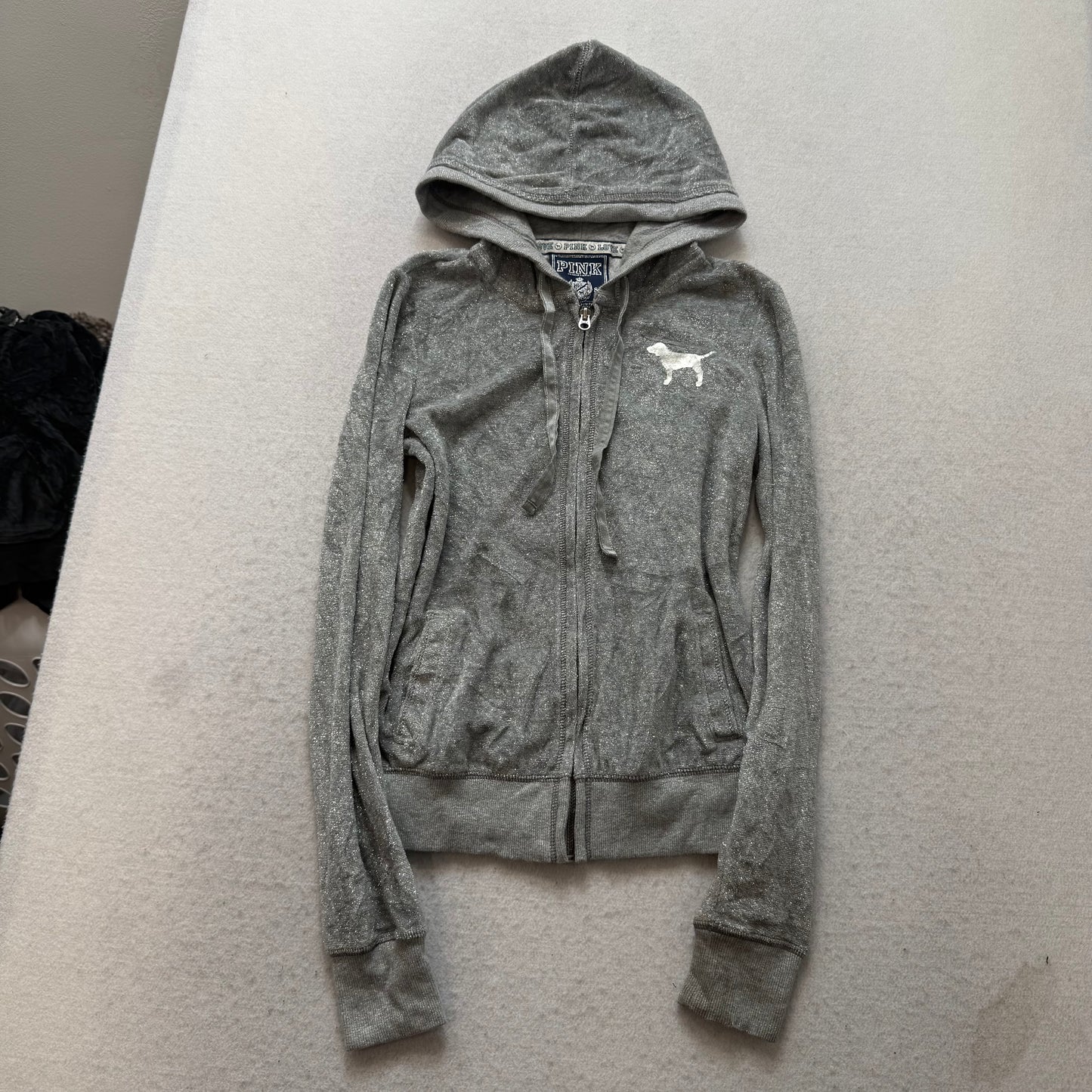 Victoria's Secret PINK Women's Gray Velour Zip-Up Hoodie Heart Sequin Size XS