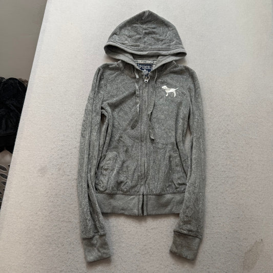 Victoria's Secret PINK Women's Gray Velour Zip-Up Hoodie Heart Sequin Size XS