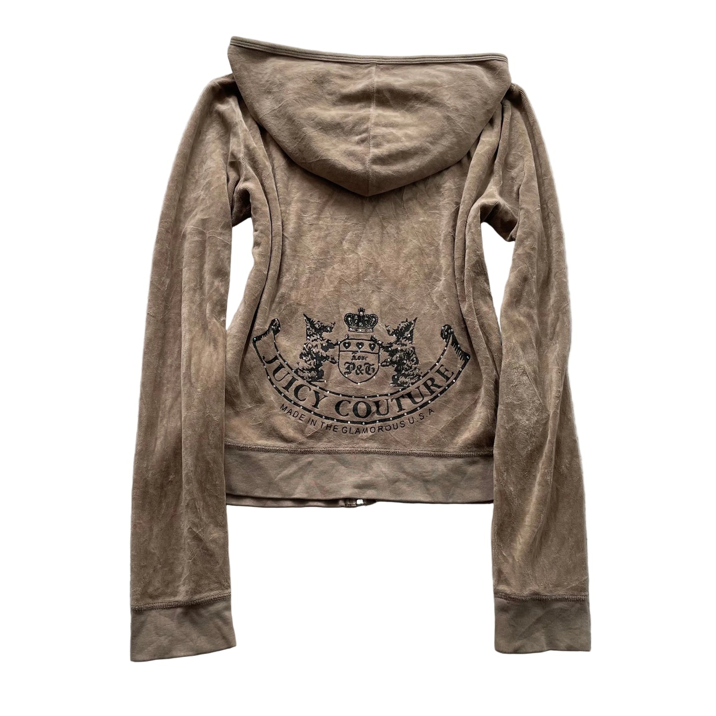 Juicy Couture Scottie Dogs Women's Tan Velour Zip-Up Hoodie Rhinestones Size XL