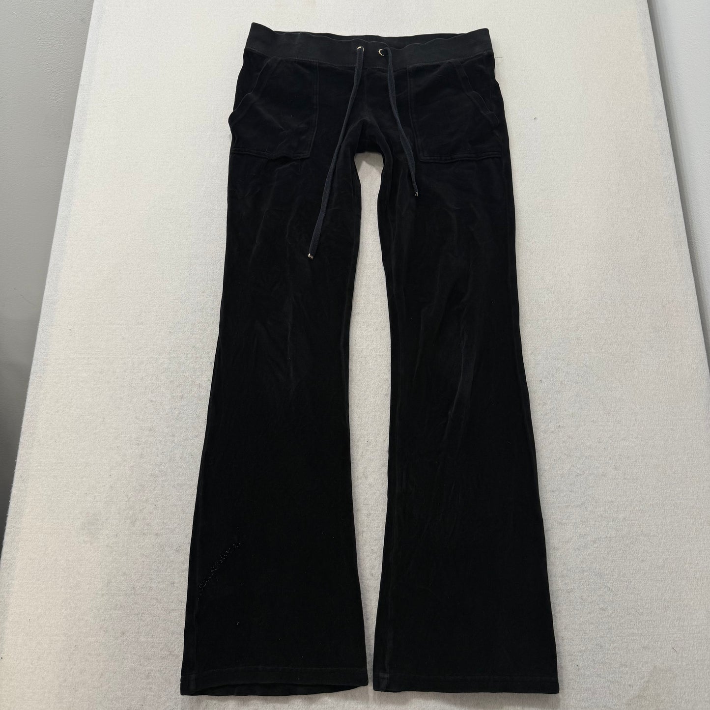 Juicy Couture Women's Black Velour Flared Track Pants Snap Flap Pockets Size S