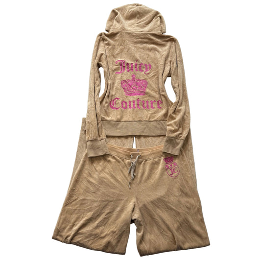 Vintage Juicy Couture Women's Beige Velour Tracksuit Set Crown Graphic Size XL/L