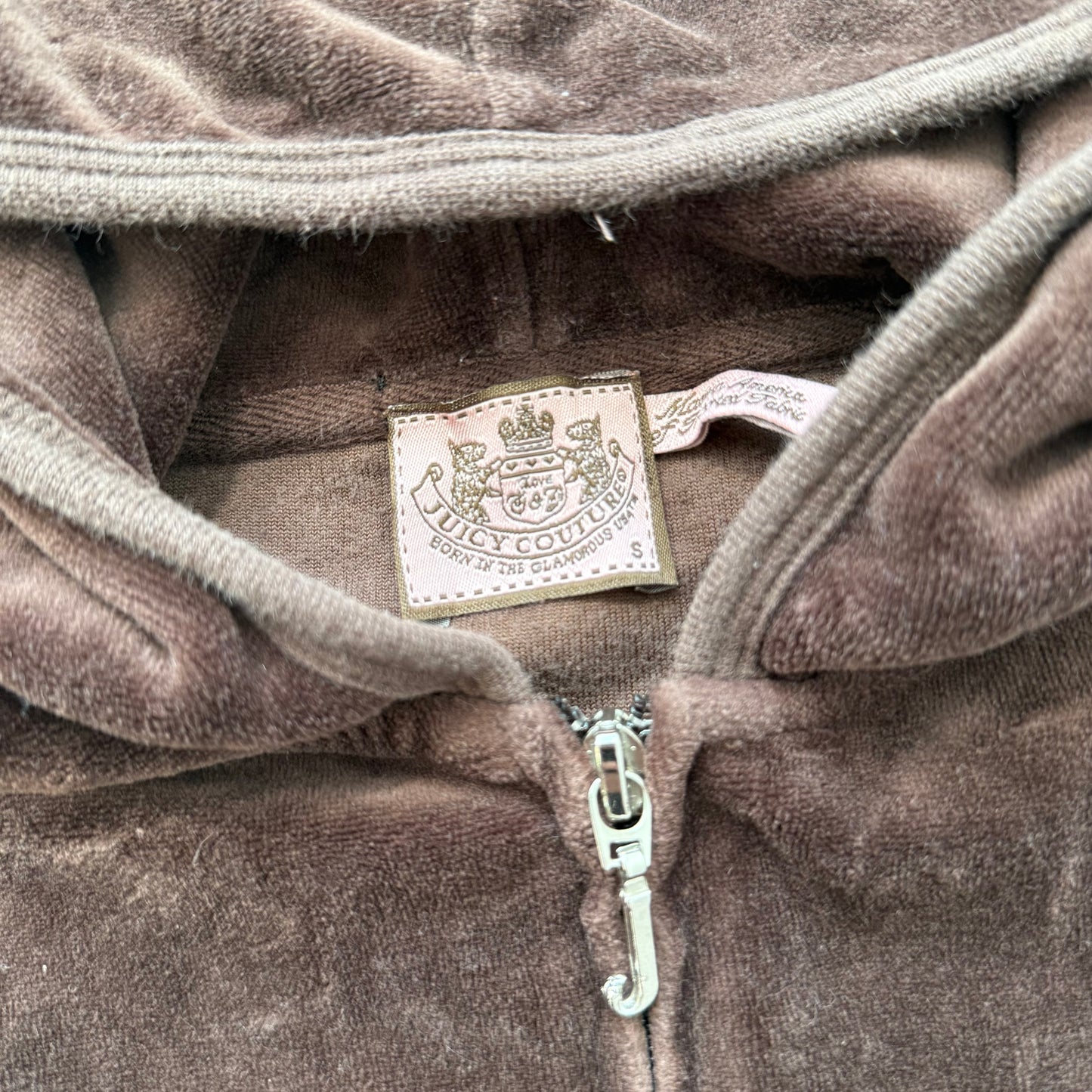 Vintage Juicy Couture Women's Brown Velour Zip Up Hoodie Kangaroo Pockets Size S