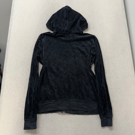 Vintage Juicy Couture Women's Black Velour Zip Up Hoodie Long Sleeves Y2K Size L