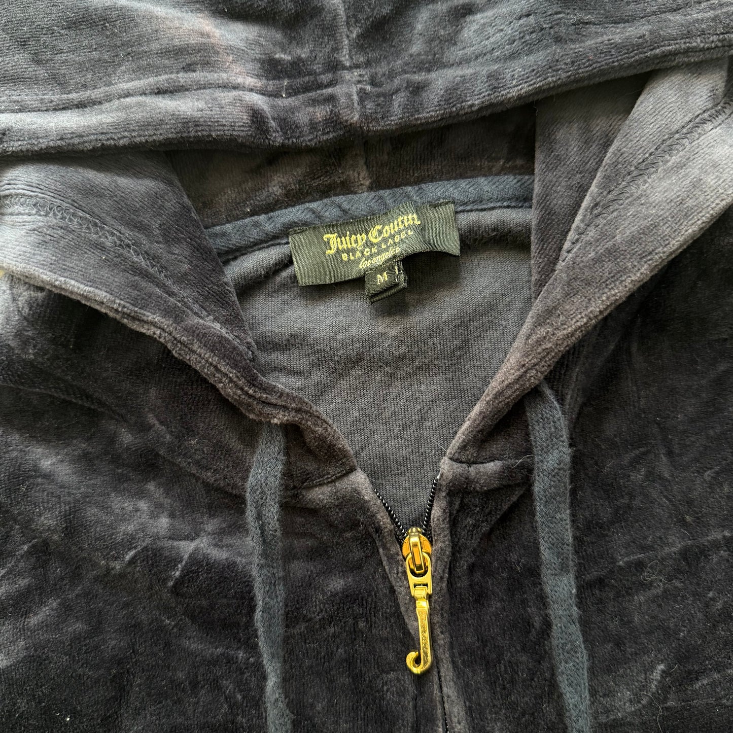 Juicy Couture Women Navy Velour Zip-Up Hoodie Gold Embellished Crown Logo Size M