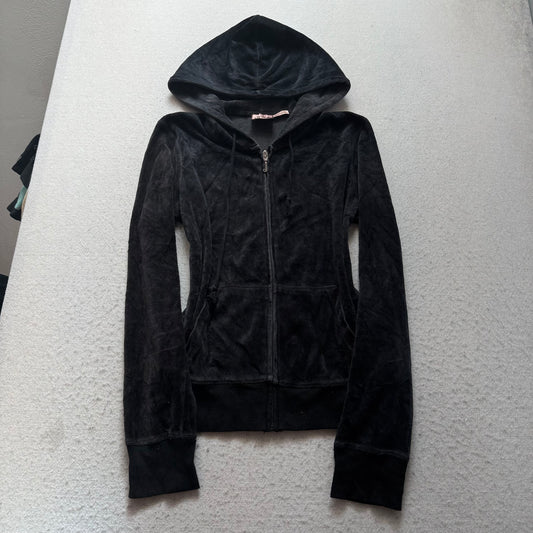 Juicy Couture Women Black Velour Zip-Up Hoodie Back Graphic Print Pockets Size M