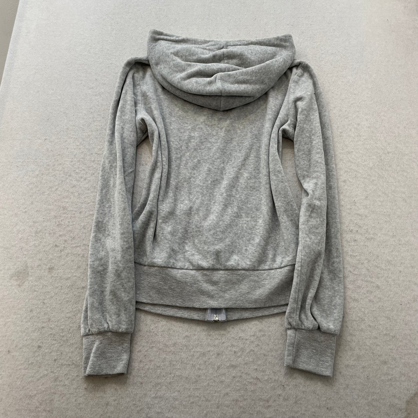 Vintage Juicy Couture Women's Gray Velour Zip-Up Hoodie Drawstring Pocket Size S