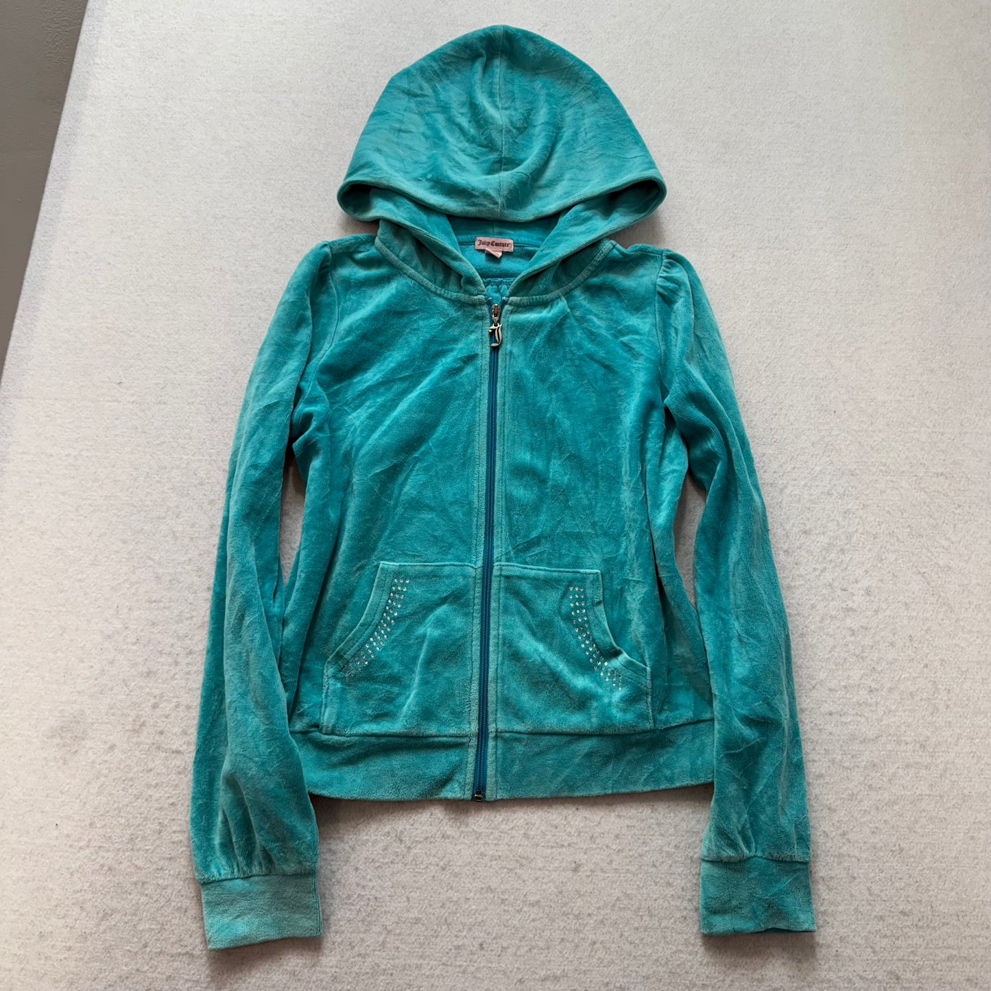 Juicy Couture Womens Teal Velour Zip-Up Hoodie Unicorn Graphic Logo Y2K Size L
