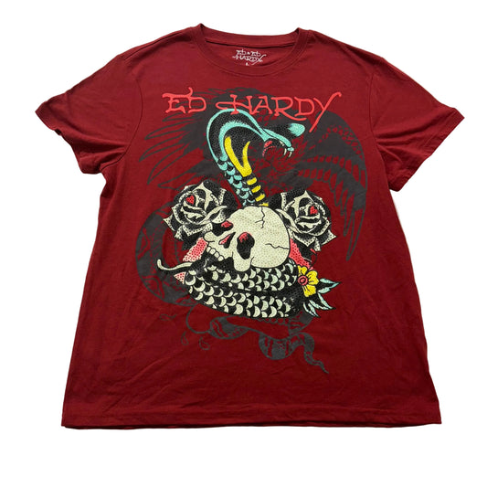 Ed Hardy Skull Snake Men's Red Cotton T-Shirt Short Sleeves Graphic Tee Size L