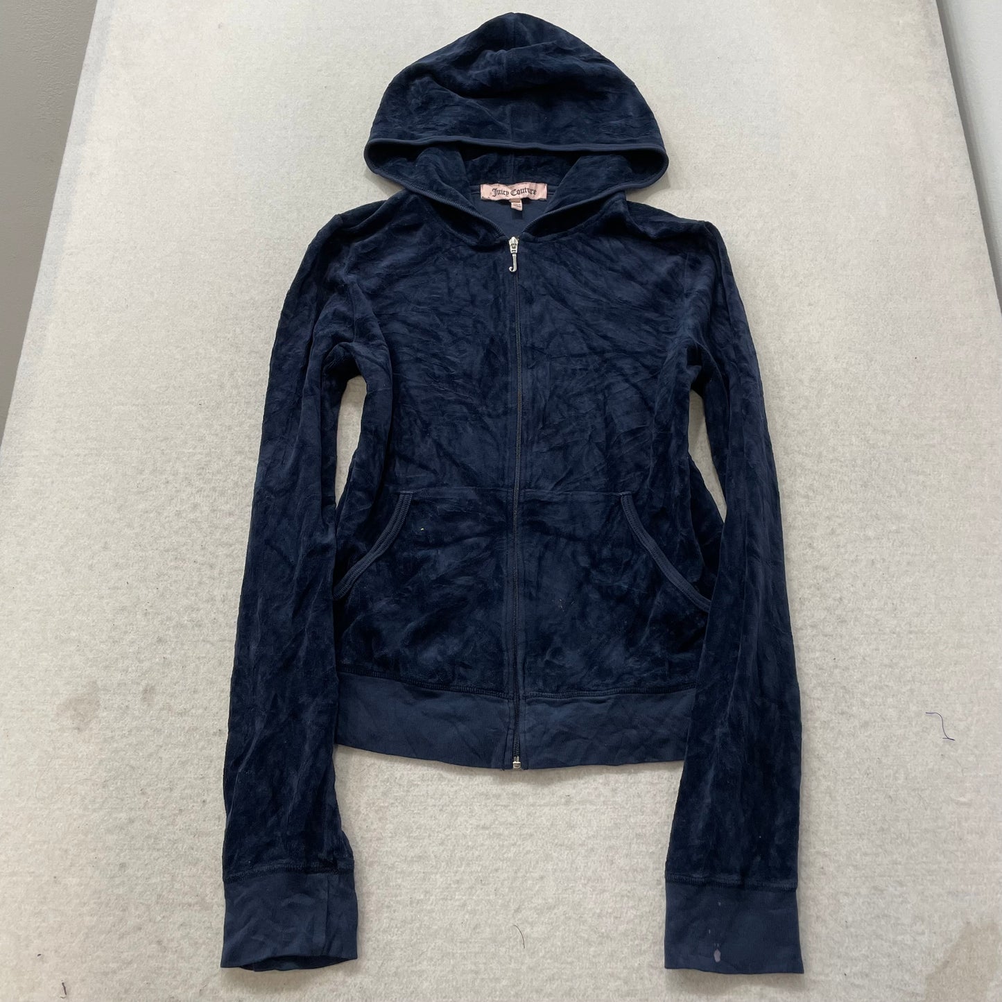 Juicy Couture Women's Navy Blue Velour Zip-Up Hoodie Floral Graphic Logo Size XL