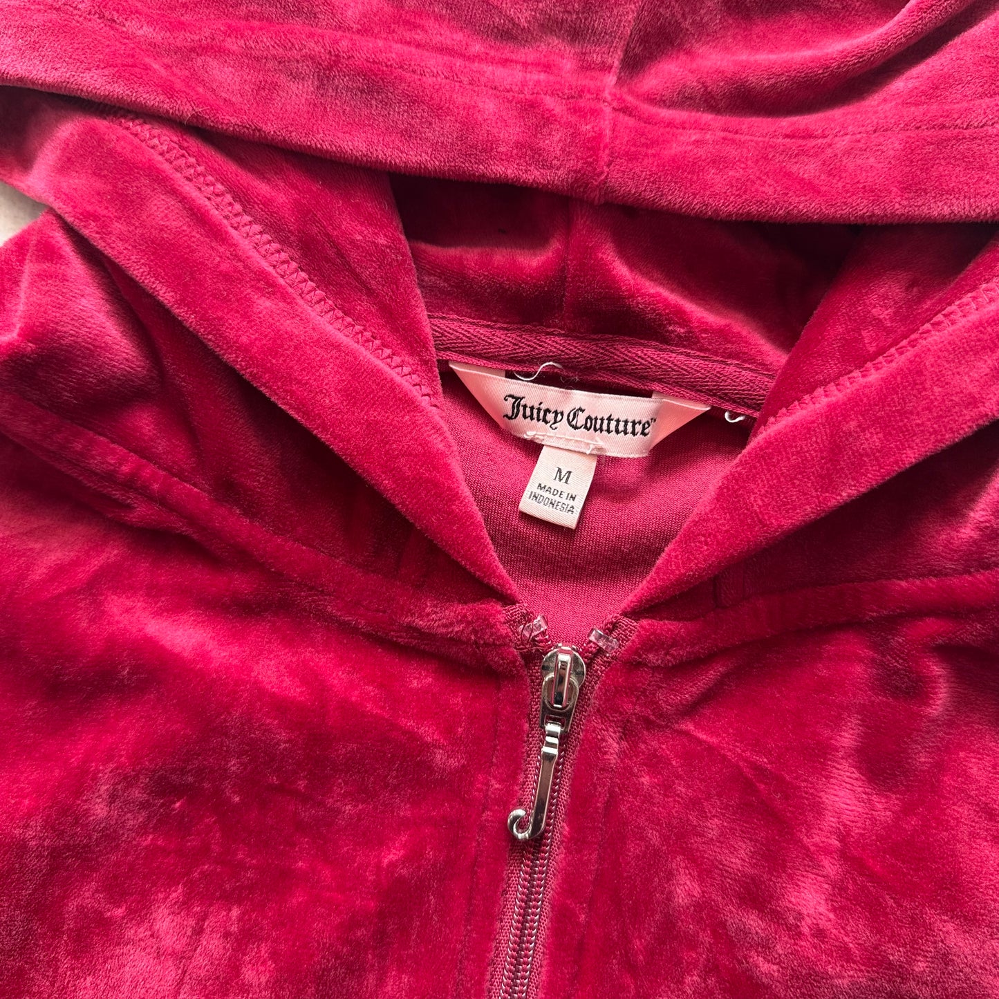 Juicy Couture Womens Dark Hot Pink Velour Zip-Up Hoodie Loungewear Pocket Size M