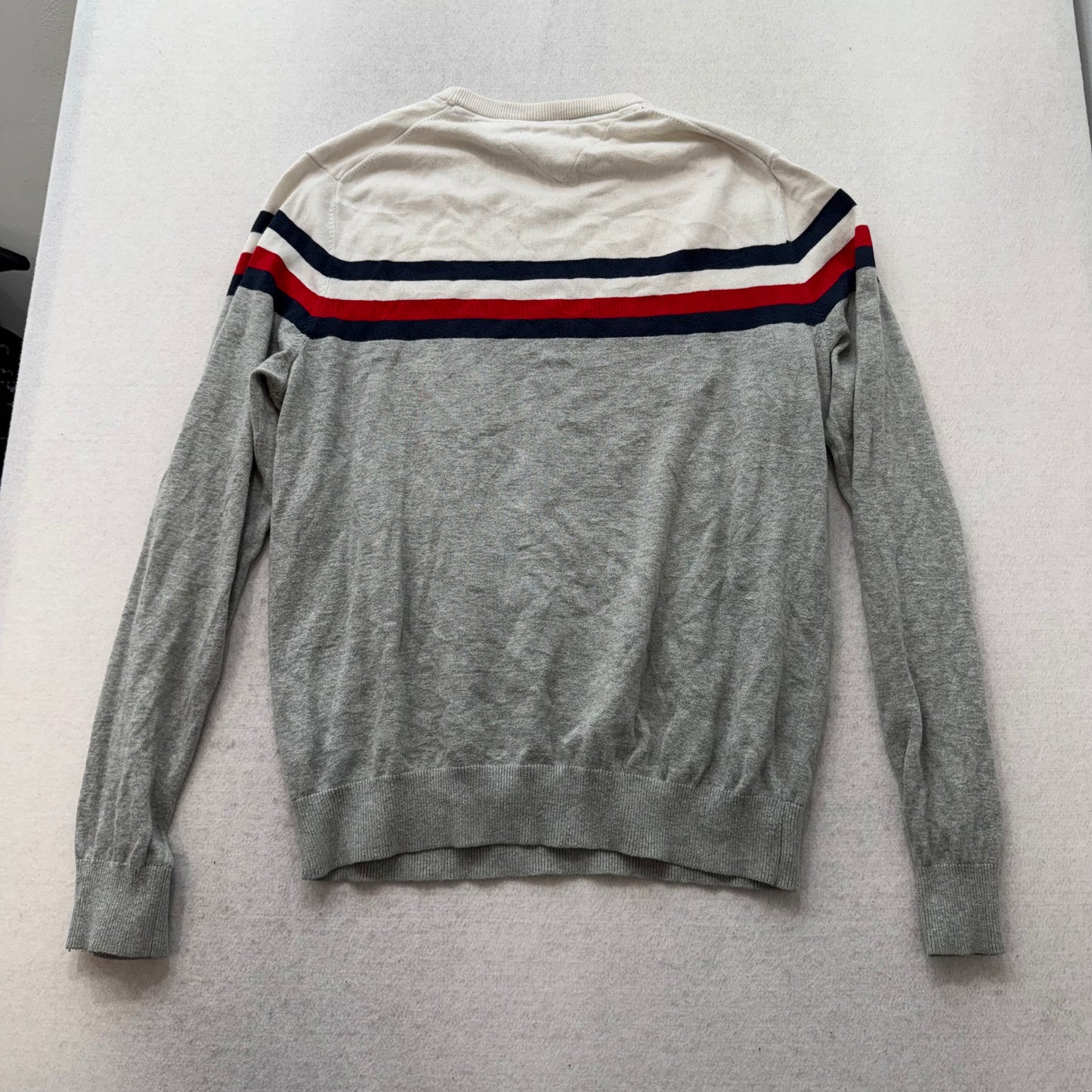 Tommy Hilfiger Men's Gray Striped Cotton Pullover Sweater Crew Neck Y2K Size M