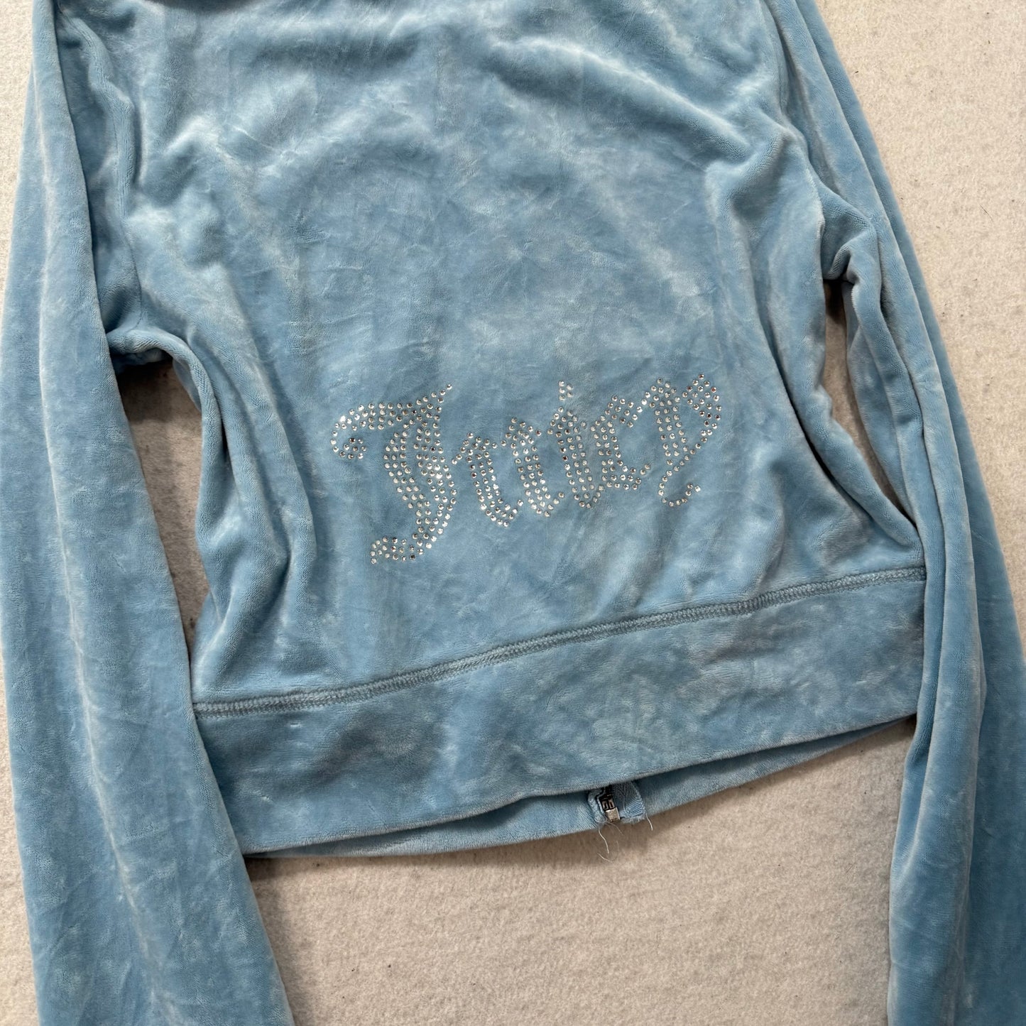 Juicy Couture Women's Light Blue Velour Zip-Up Cropped Hoodie Rhinestones Size S