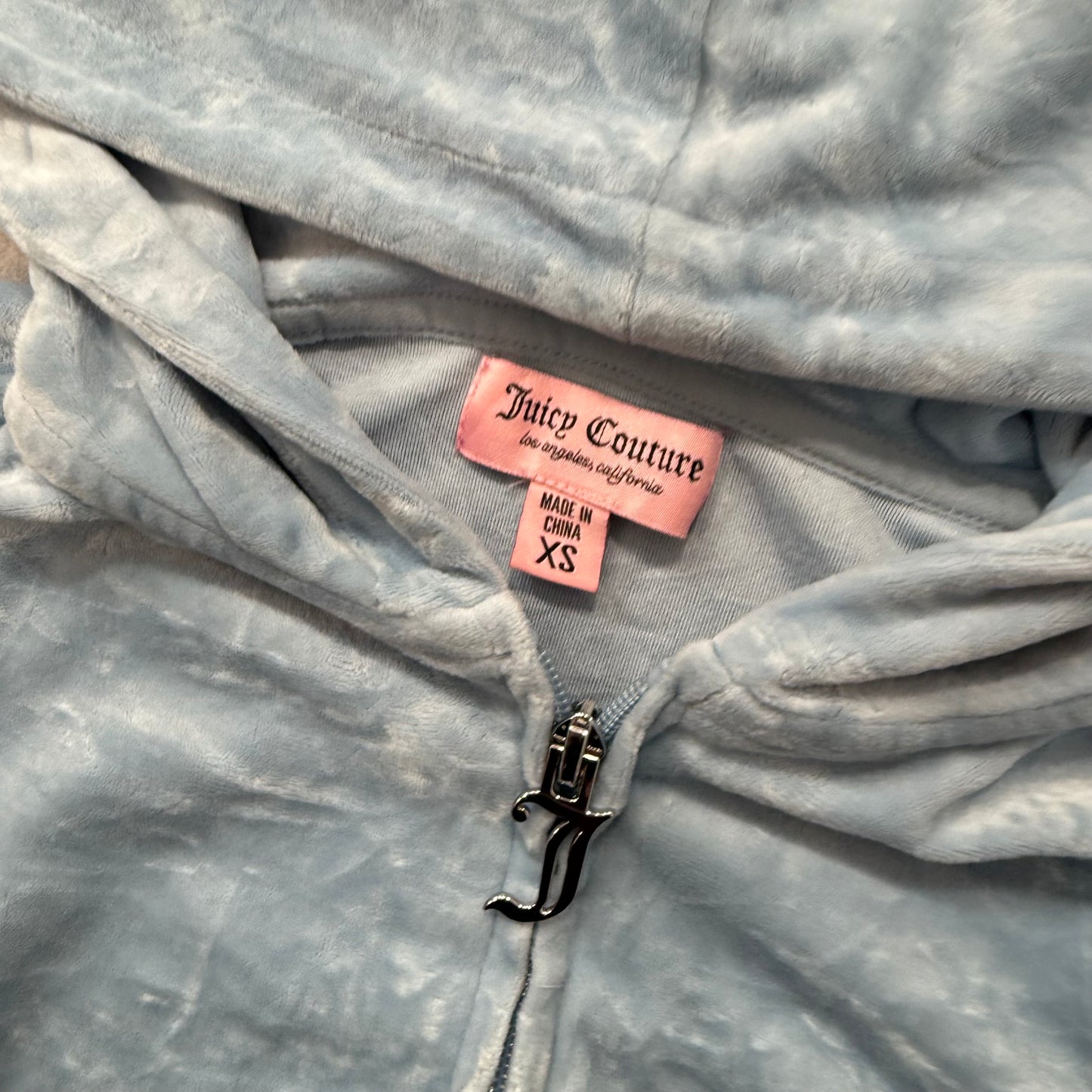 Juicy Couture Women's Ice Blue Velour Full Zip Hoodie Rhinestone Logo Size XS