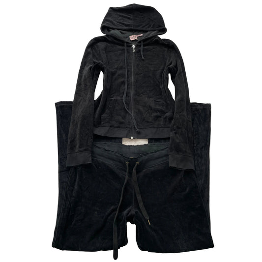Juicy Couture Women's Black Velour Tracksuit Set Zip Hoodie & Pants Y2k Size XL