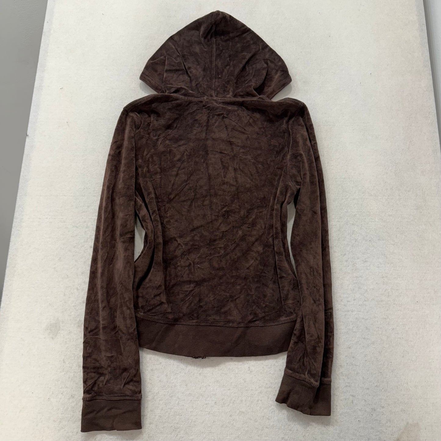 Juicy Couture Women's Brown Velour Zip Up Hoodie Split Kangaroo Pockets Size XL