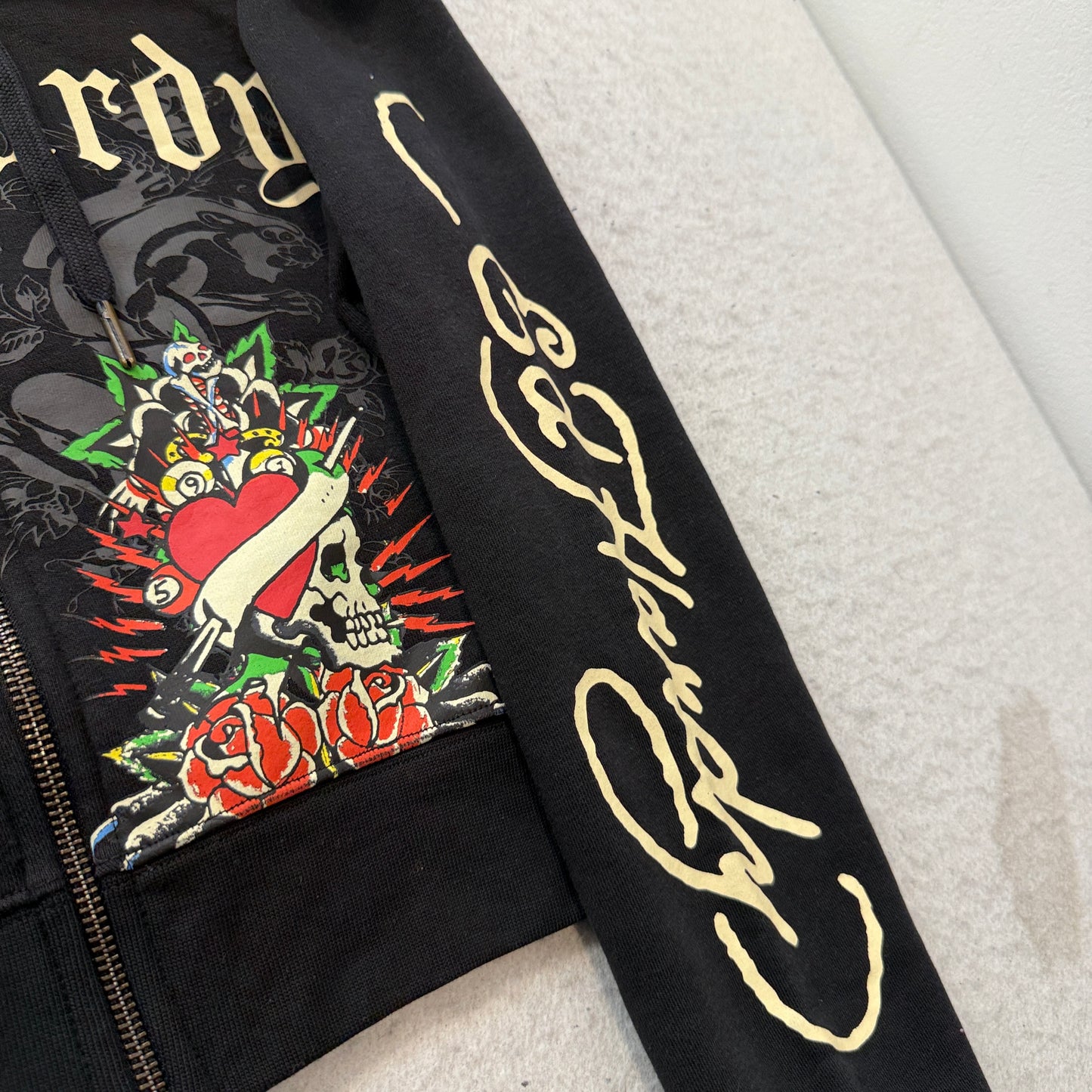 Ed Hardy Rose Skull Heart Women's Black Fleece Cropped Pullover Hoodie Size M