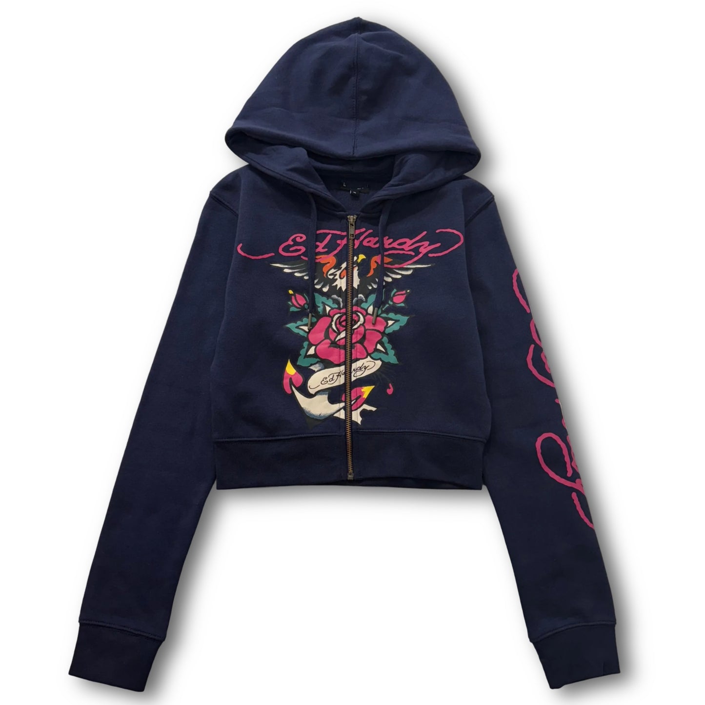 ED HARDY “Eagle Rose” NAVY CROPPED ZIP UP HOODIE