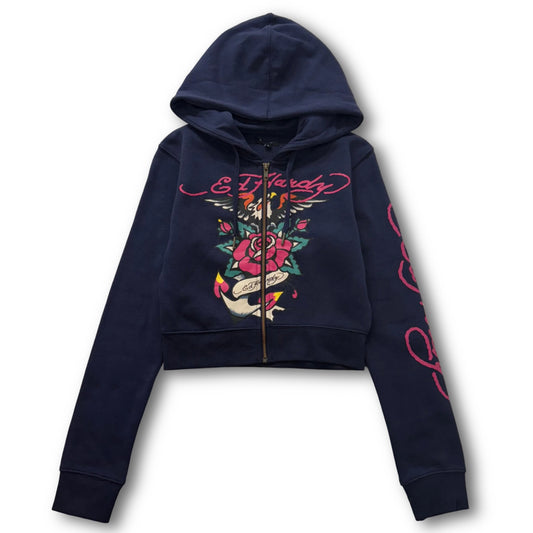 ED HARDY “Eagle Rose” NAVY CROPPED ZIP UP HOODIE