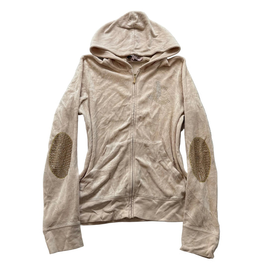 Juicy Couture Womens Beige Velour Zip-Up Hoodie Rhinestone Elbow Patches Size XL