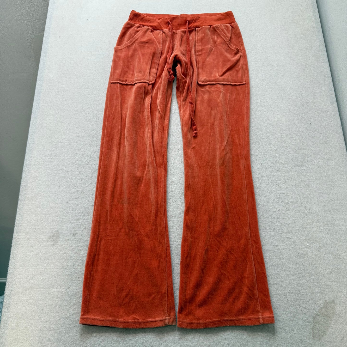 Vintage Juicy Couture Women's Rust Velour Flared Track Pants Pockets Y2K Size L