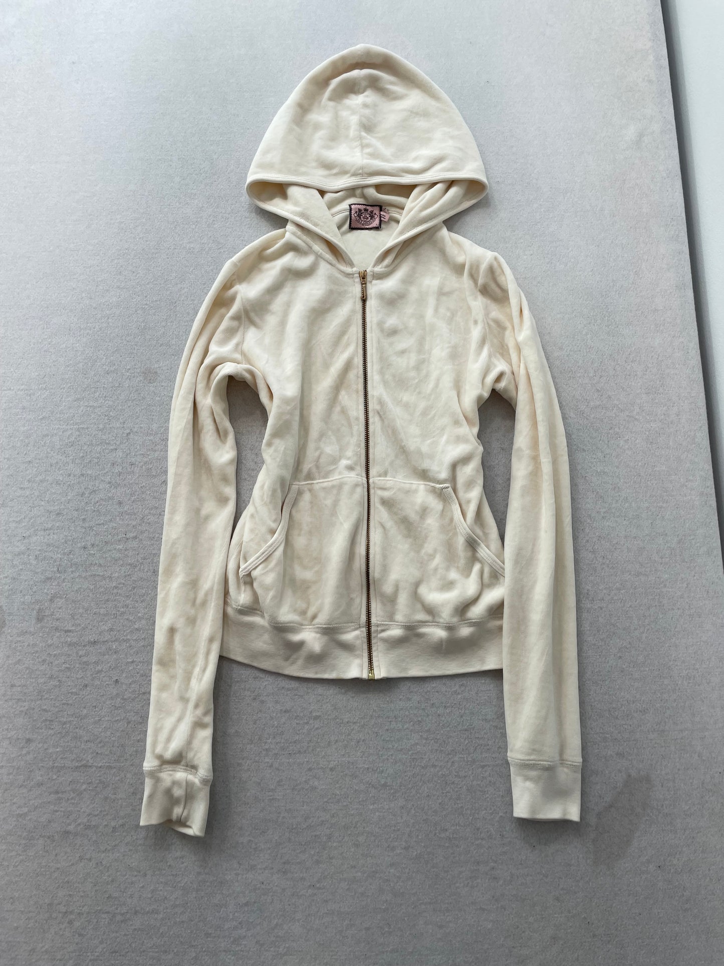 Vintage Juicy Couture Women's Off-White Velour Full Zip Hoodie Graphic Size L