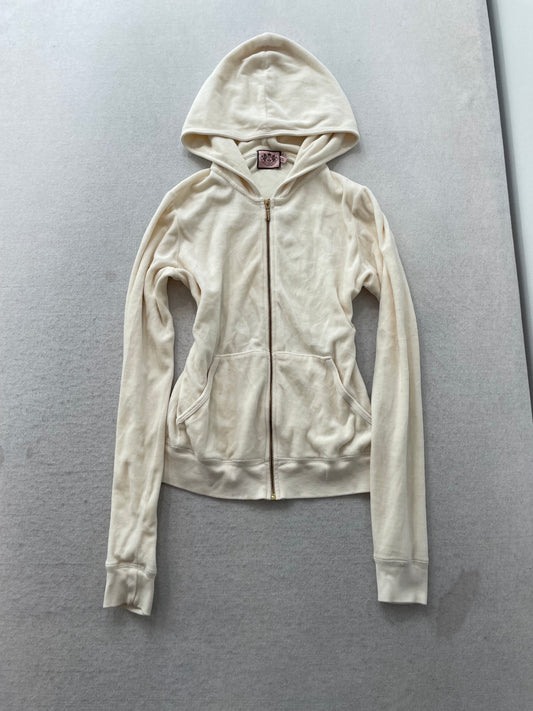 Vintage Juicy Couture Women's Off-White Velour Full Zip Hoodie Graphic Size L