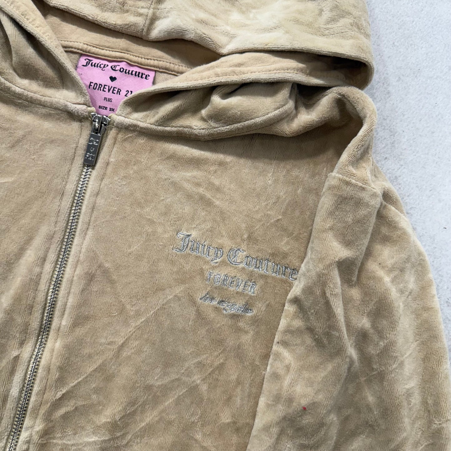 Juicy Couture Forever 21 Womens Tan Velour Zip-Up Hoodie Rhinestone Logo Size 3X
