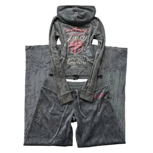 Juicy Couture Women's Gray Velour Tracksuit Set Hoodie & Pant Graphic Size P/M