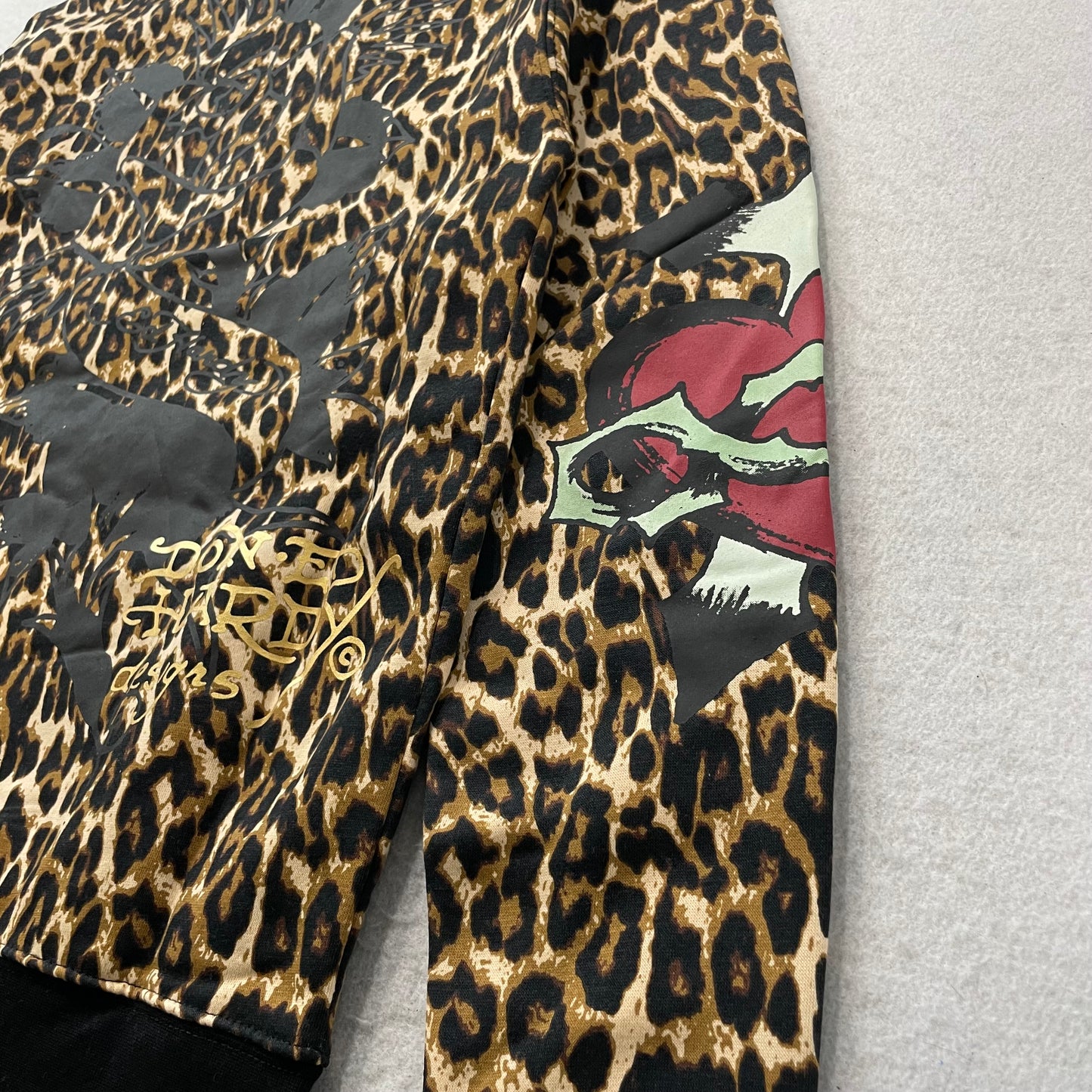 Ed Hardy Heart Tattoo Graphic Women's Leopard Print Zip-Up Fleece Hoodie Size XS
