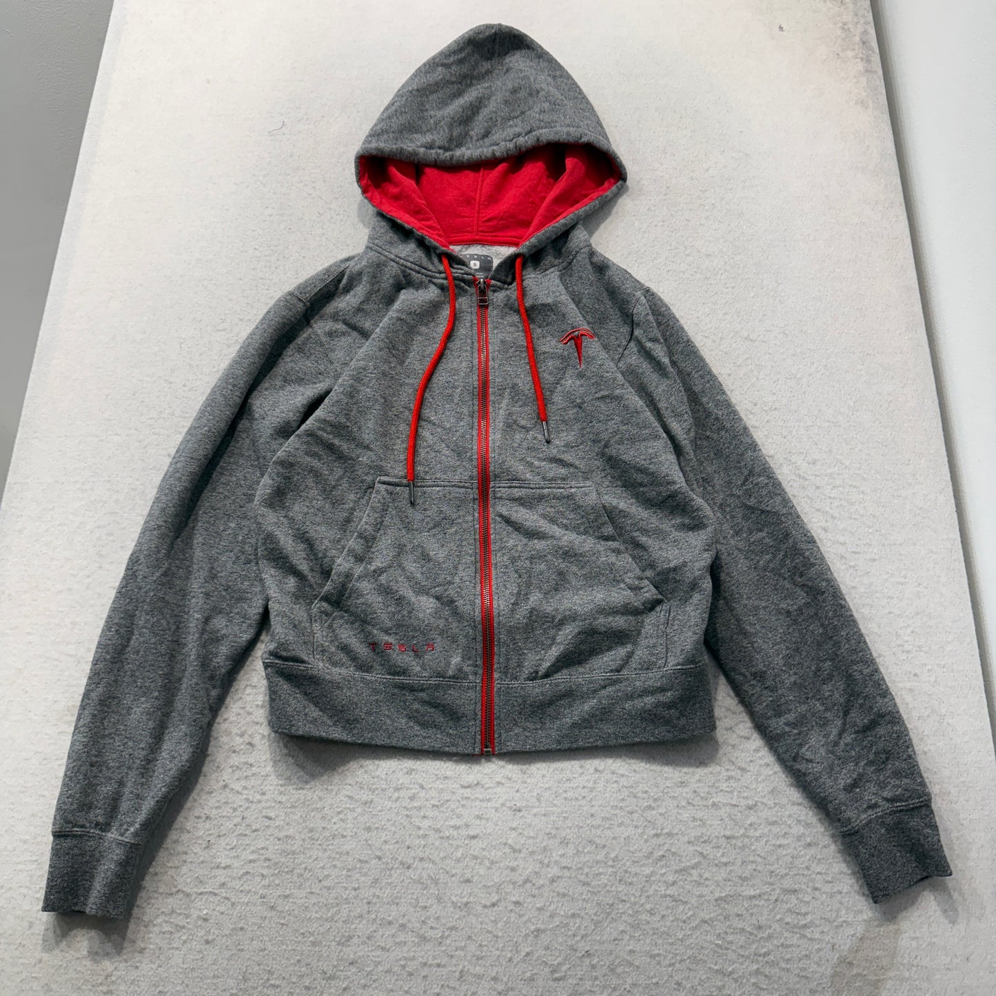 Official Tesla Men's Grey Cotton Blend Zip-Up Hoodie Drawstring Pockets Size S