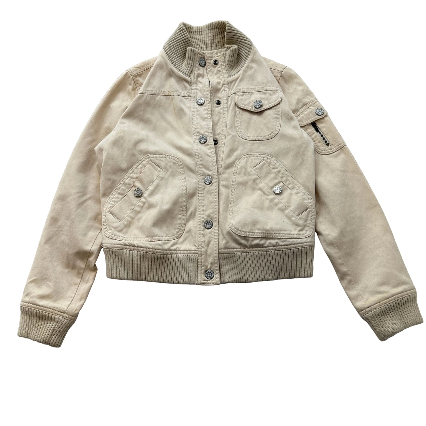 Gap Mens Beige Bomber Jacket Snap-Button Ribbed Cuff Collar Cargo Pockets Size M