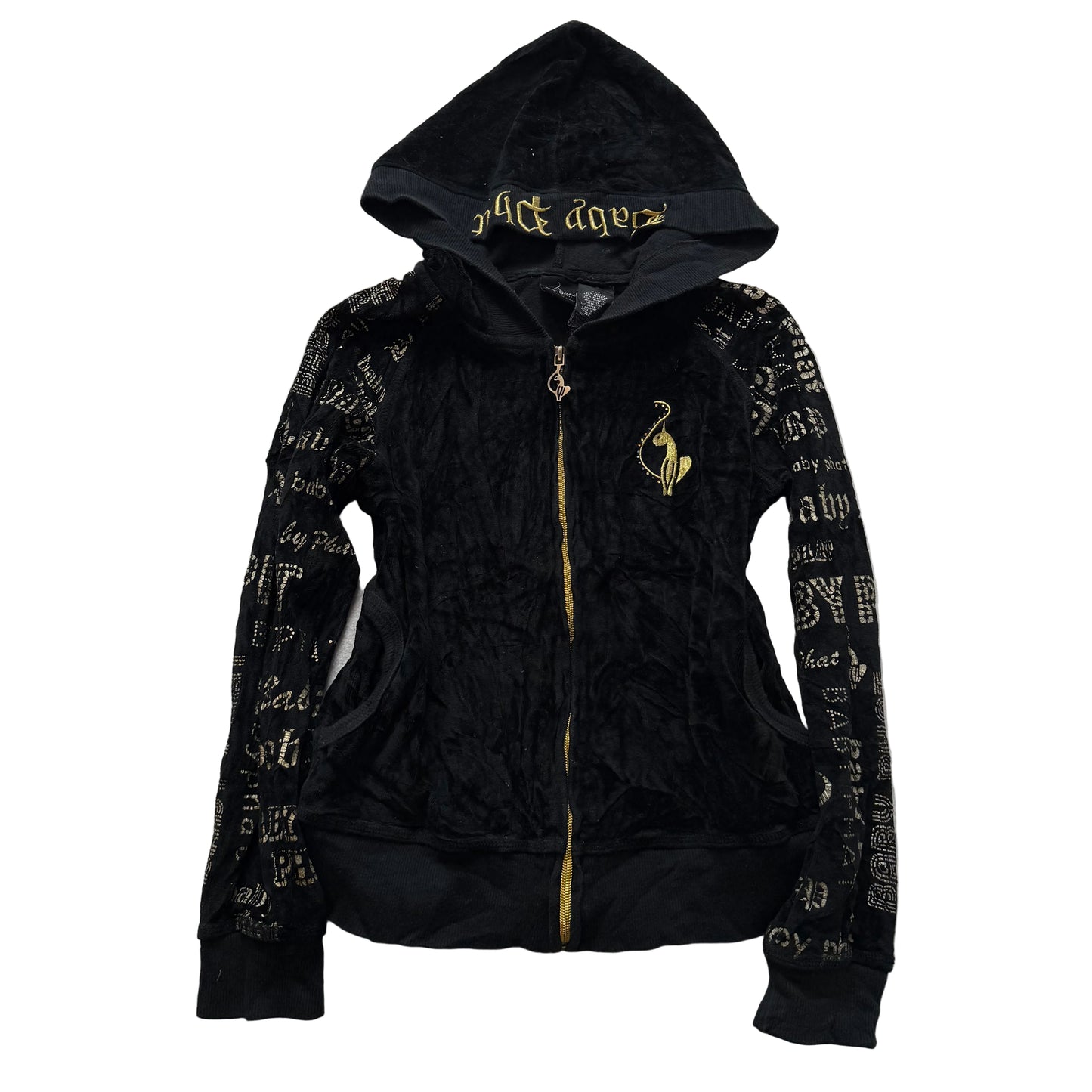 Baby Phat Women Black Velour Zip Up Hoodie All-Over Print Rhinestone Logo Size L