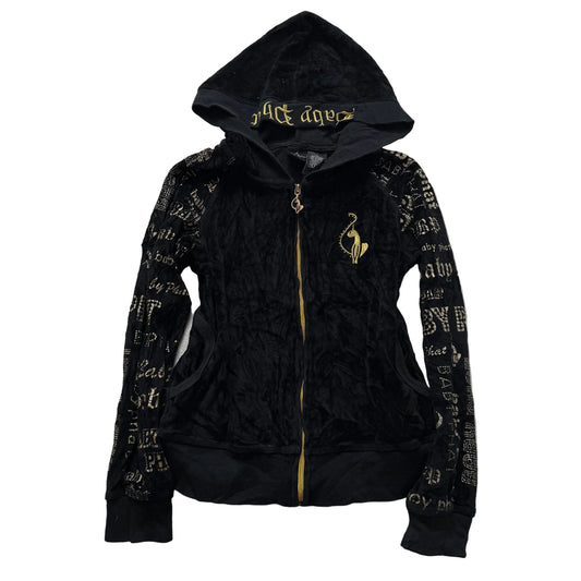 Baby Phat Women Black Velour Zip Up Hoodie All-Over Print Rhinestone Logo Size L
