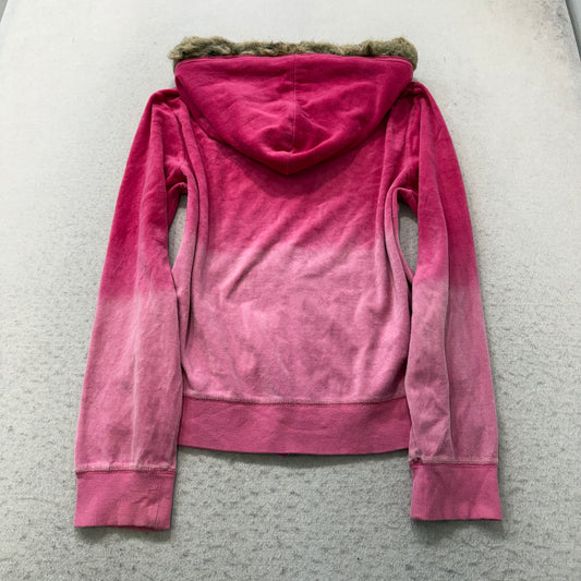 Vintage Juicy Couture Women's Pink Velour Zip-Up Faux Fur-Trimmed Hood Size L