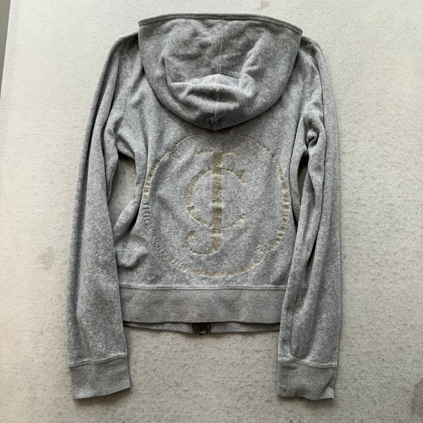 Juicy Couture Gray Velour Tracksuit Set Hoodie & Flare Pant Graphic Logo Size L