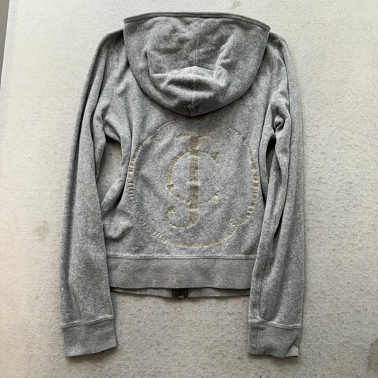 Juicy Couture Gray Velour Tracksuit Set Hoodie & Flare Pant Graphic Logo Size L