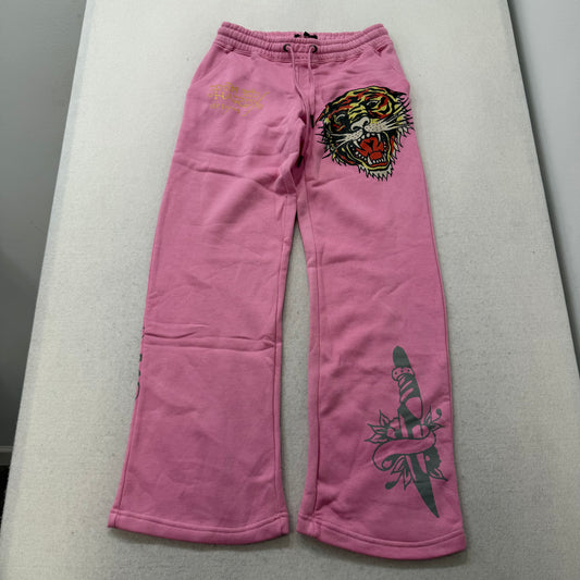Ed Hardy Women's Bubblegum Pink Cotton Wide Leg Sweatpants Tiger Graphic Size S