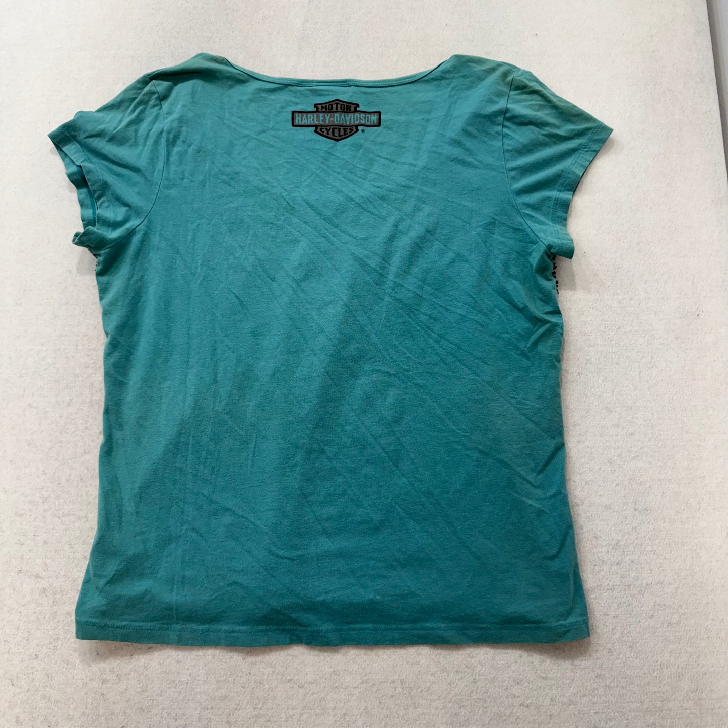 Harley-Davidson Women Teal T-Shirt Short Sleeve Rhinestone Embellishment Size XL
