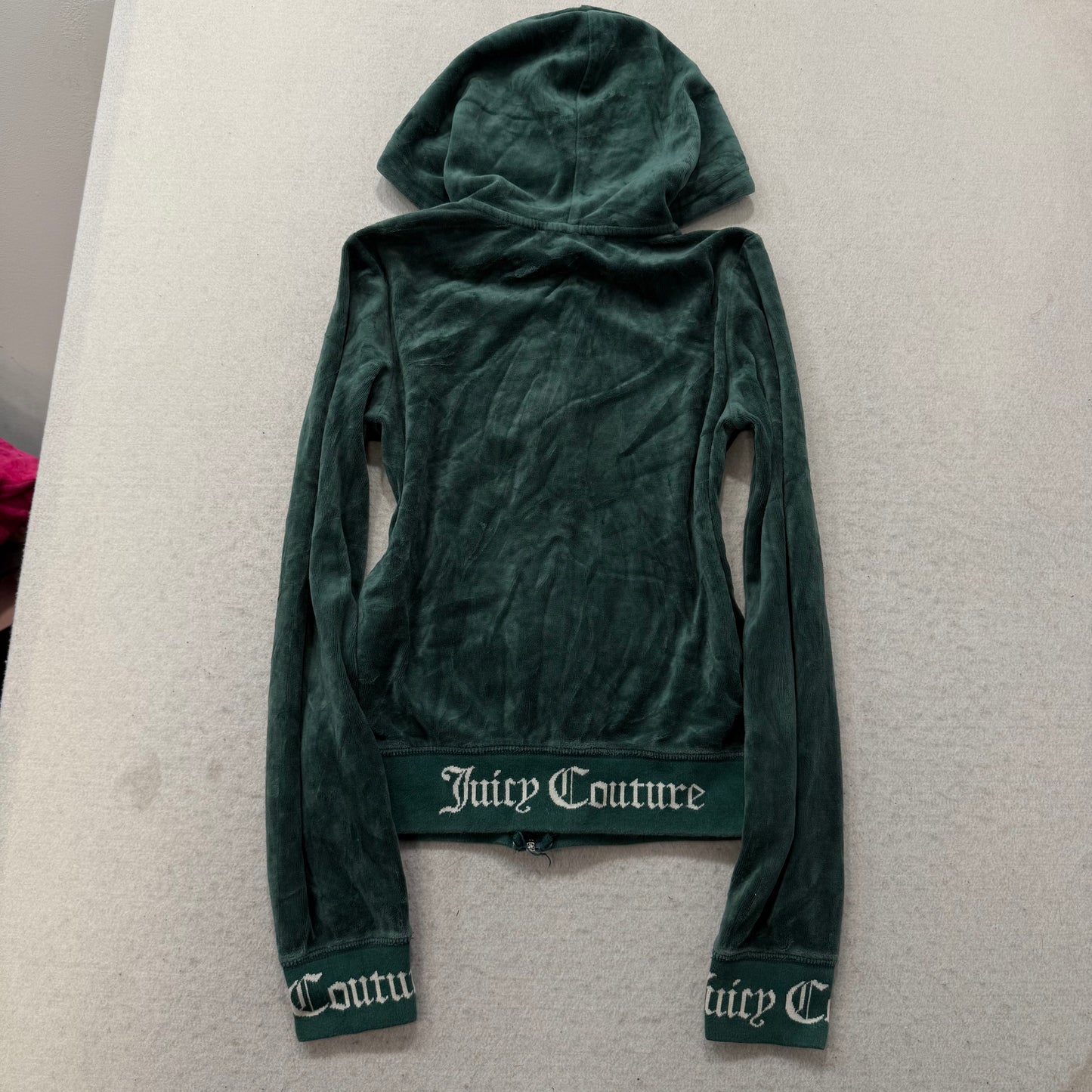 Juicy Couture Womens Dark Green Velour Zip-Up Hoodie Black Label Pockets Size XS