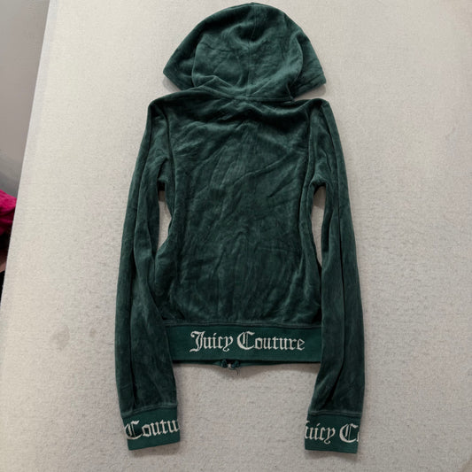 Juicy Couture Womens Dark Green Velour Zip-Up Hoodie Black Label Pockets Size XS