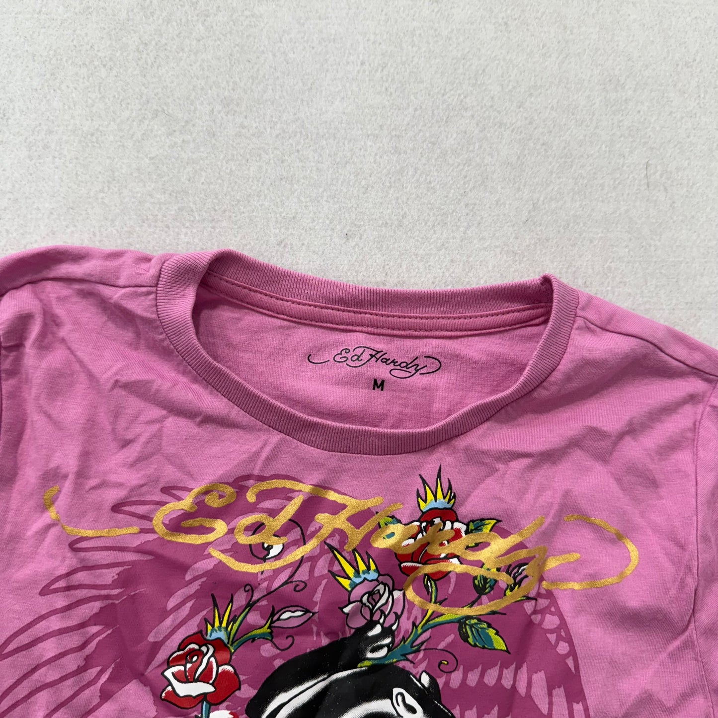 Ed Hardy Women Pink Cropped T-Shirt Long Sleeve Black Panther Graphic Tee Size M