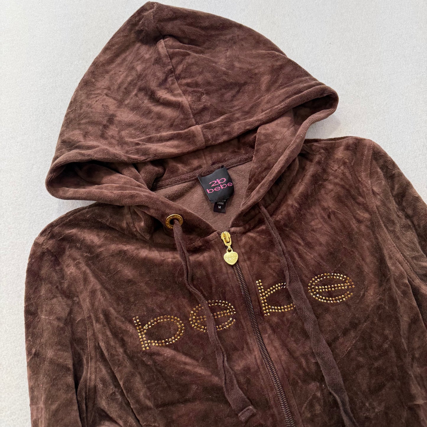Bebe Women's Chocolate Brown Velour Zip Up Hoodie Sequins Logo Loungewear Size M