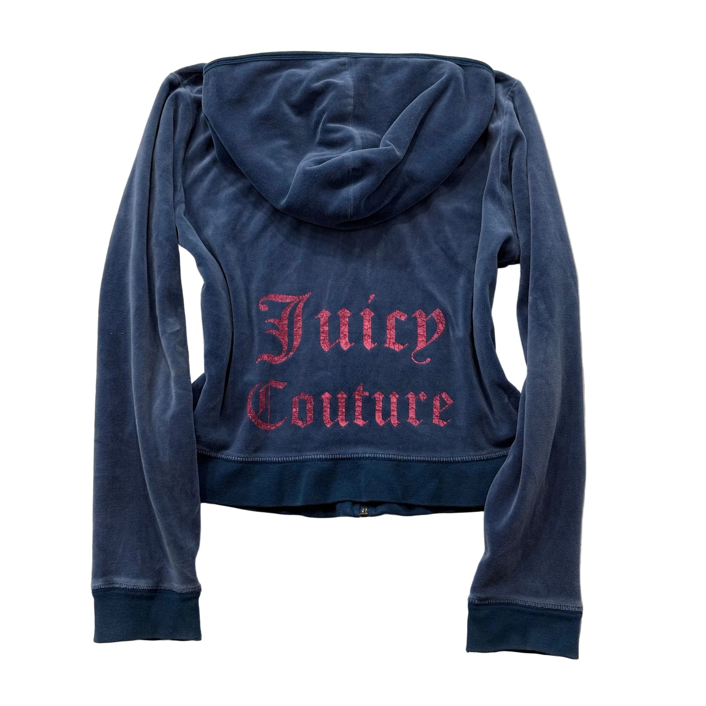 Vintage Juicy Couture Women's Navy Velour Zip-Up Hoodie Glitter Logo Y2k Size L