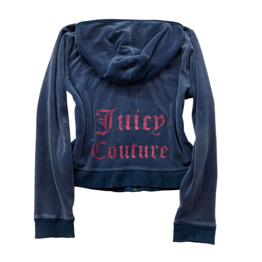 Vintage Juicy Couture Women's Navy Velour Zip-Up Hoodie Glitter Logo Y2k Size L