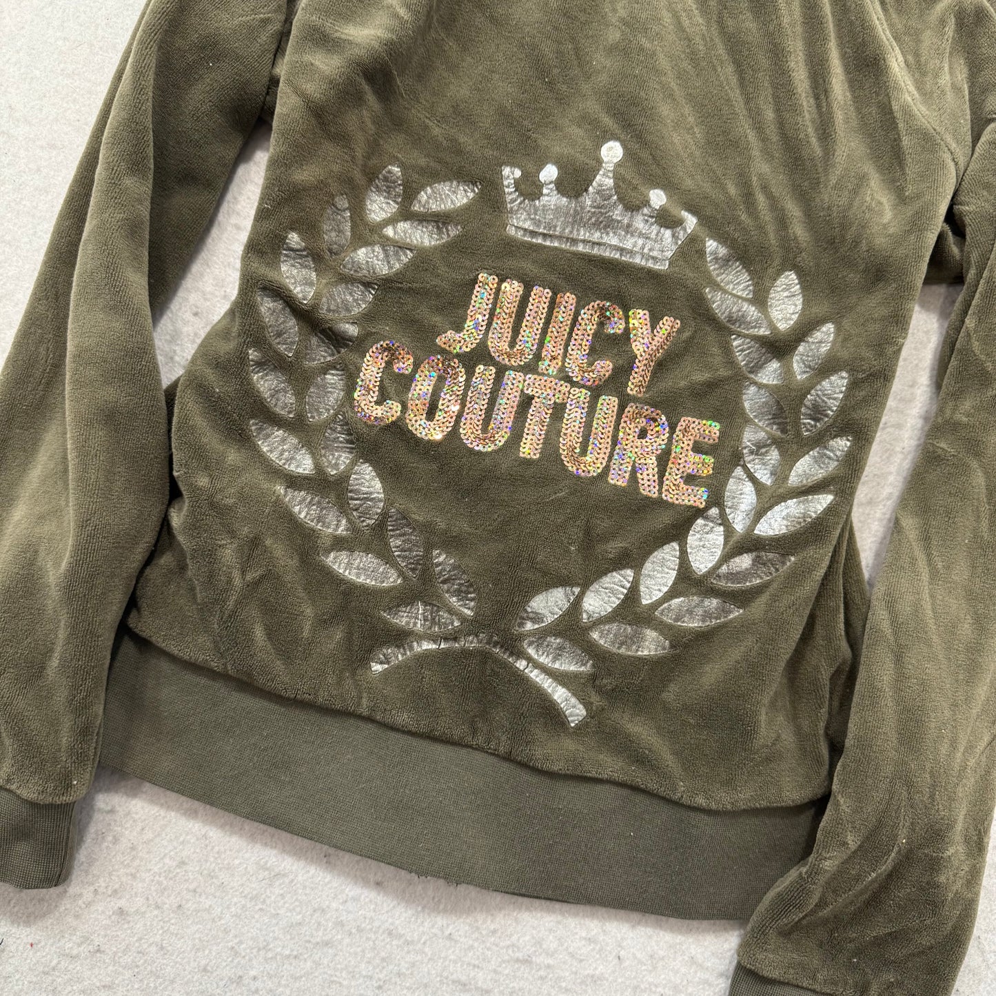 Juicy Couture Womens Olive Velour Zip-Up Hoodie Sequin Laurel Wreath Logo Size M