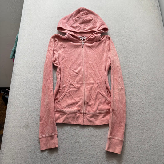Juicy Couture Women's Pink Velour Zip-Up Hoodie Back Beach Sunset Graphic Size M