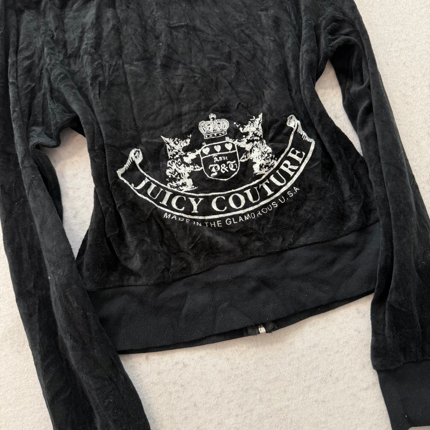 Juicy Couture “Scottie Dogs” Womens Jet Black Velour Zip Up Hoodie Preppy Size M